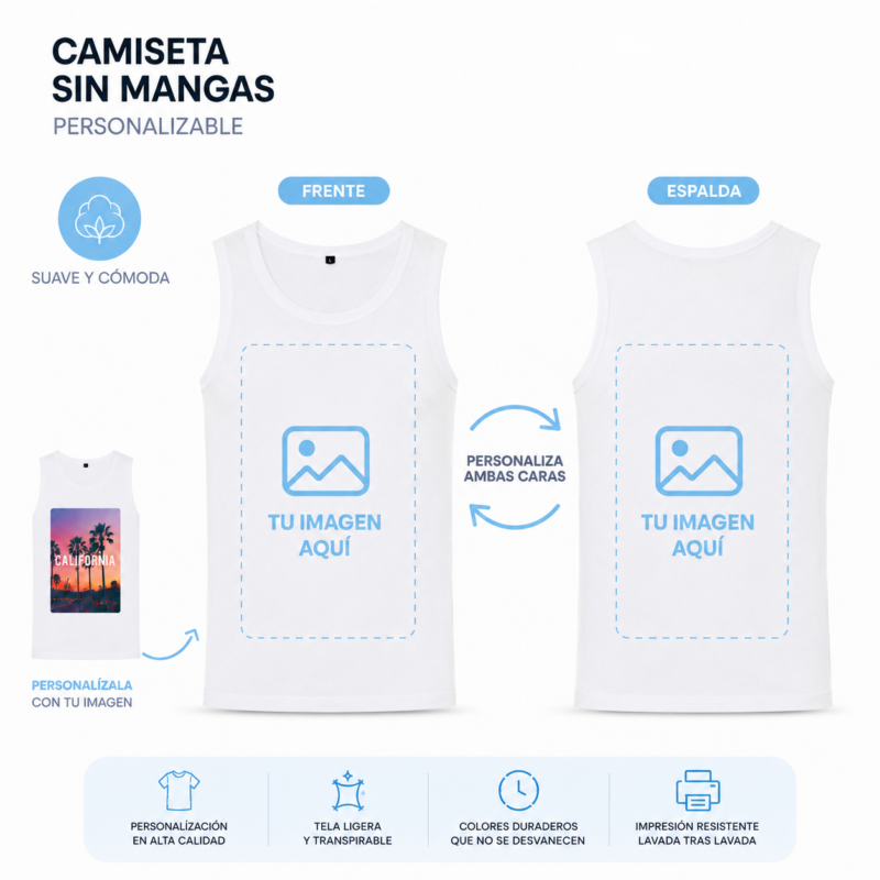 Camiseta Blanca sin Mangas Personalizada Dos Caras | Fotocopyarte