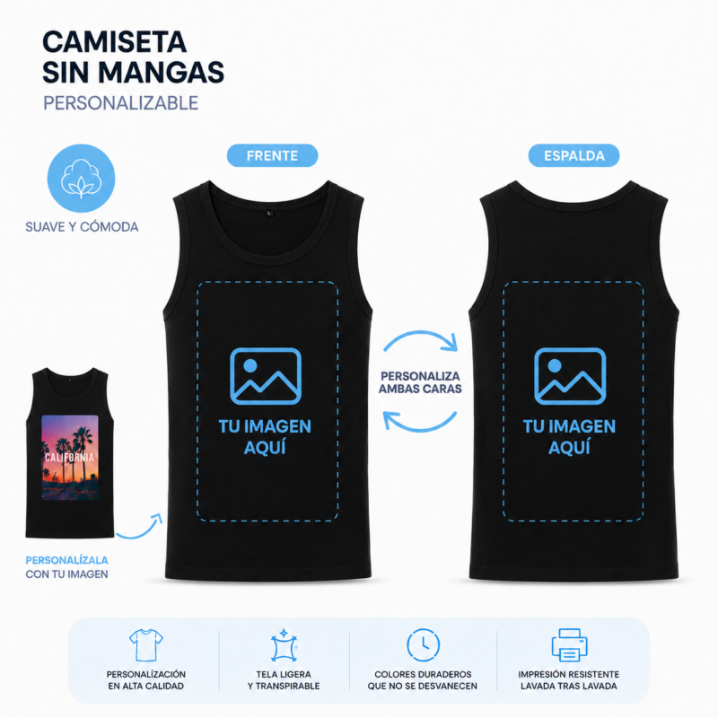Camiseta Negra sin Mangas Personalizada Dos Caras | Fotocopyarte