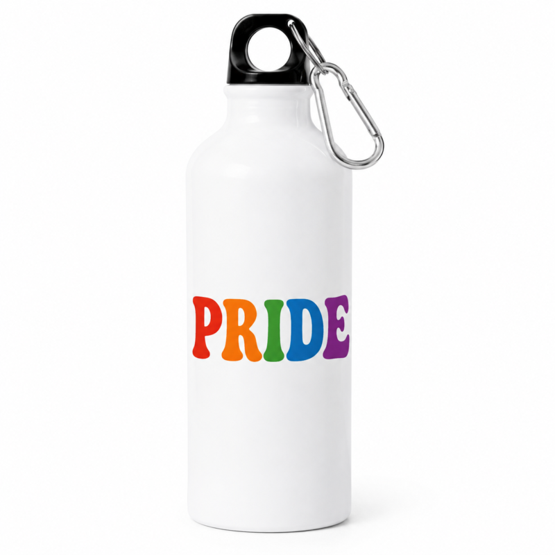 Bidón blanco «PRIDE» con diseño arcoíris retro. Ideal para deporte, trabajo o eventos del Orgullo. Ligero, resistente y disponible en Fotocopyarte Madrid.
