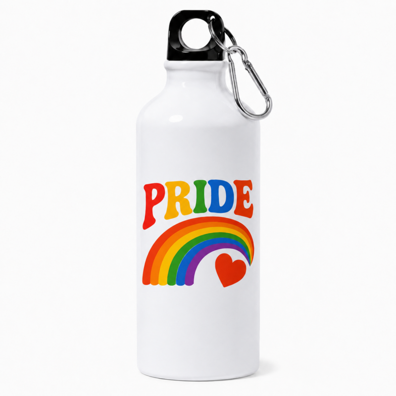 Bidón PRIDE de aluminio con arcoíris y corazón. Botella reutilizable ligera y resistente con mosquetón. Ideal para deporte, viajes, festivales y uso diario. Personalizado en Madrid.