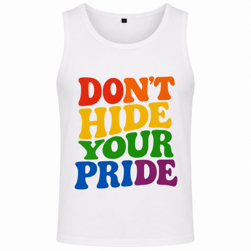 Camiseta de tirantes DON’T HIDE YOUR PRIDE con diseño arcoíris retro. Ideal para el Orgullo, MADO, festivales y eventos Pride. Disponible en Fotocopyarte Madrid y online.