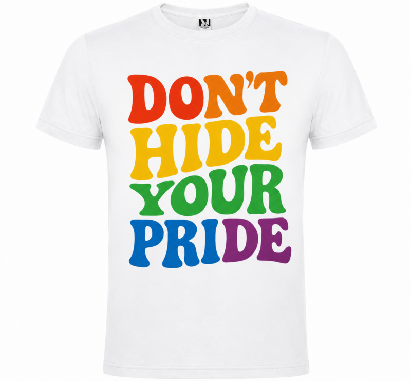 Camiseta "DON’T HIDE YOUR PRIDE" con diseño retro multicolor inspirado en la bandera arcoíris. Una prenda original y cómoda para celebrar la diversidad, el Orgullo y la libertad de expresión durante todo el año.