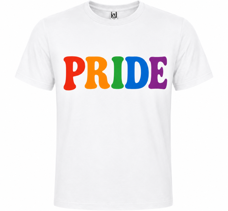 Camiseta «PRIDE» con diseño arcoíris retro disponible en blanco y negro. Una prenda cómoda y original para celebrar la diversidad y el Orgullo LGTB+.