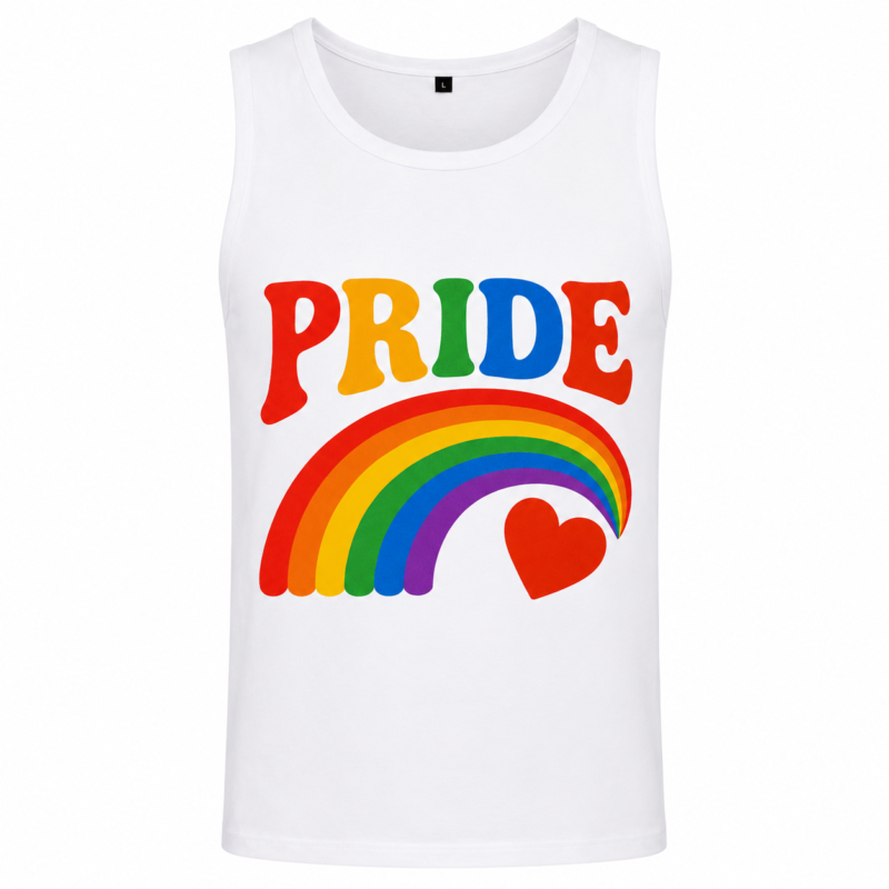Camiseta de tirantes PRIDE con arcoíris y corazón. Diseño retro multicolor ideal para el Orgullo, festivales y eventos LGTBIQ+. Disponible en varias tallas. Madrid.