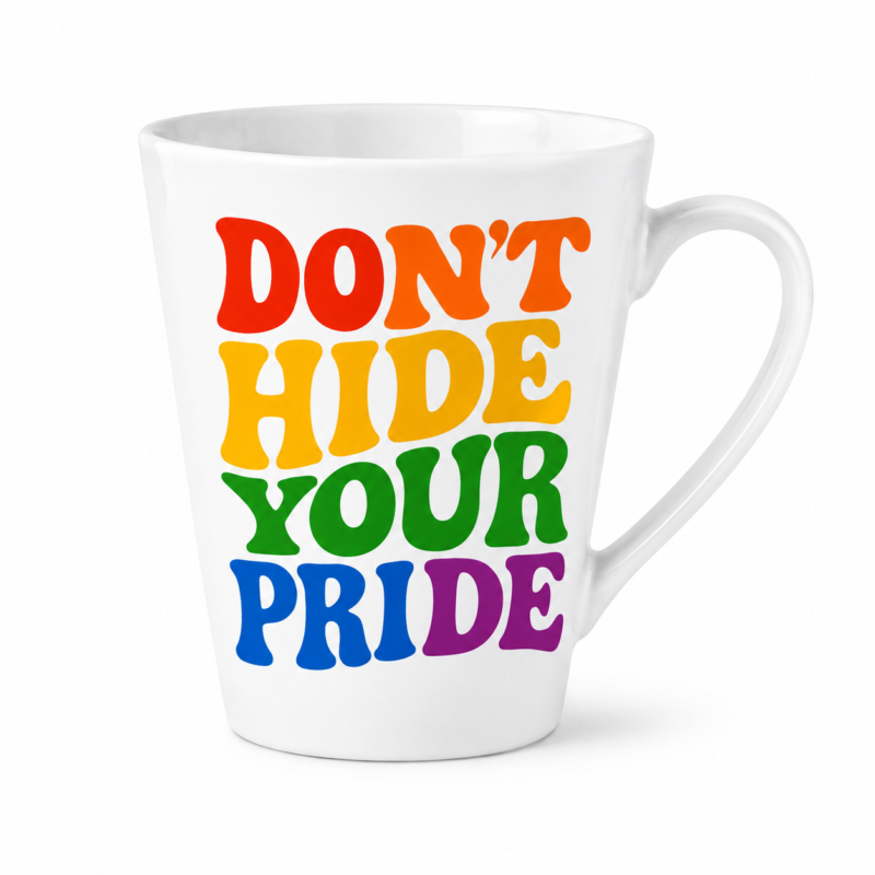 Taza cónica con diseño «Don't Hide Your Pride» . Ideal para regalos Pride, eventos LGTB+ y amantes de la diversidad. Disponible en Madrid y online.