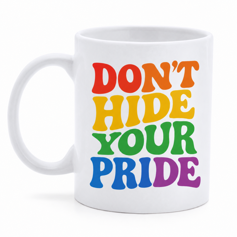 Taza LGTB+ con diseño "Don't Hide Your Pride" . Ideal para regalos, eventos Pride y amantes de la diversidad. Disponible en Fotocopyarte Madrid y online.