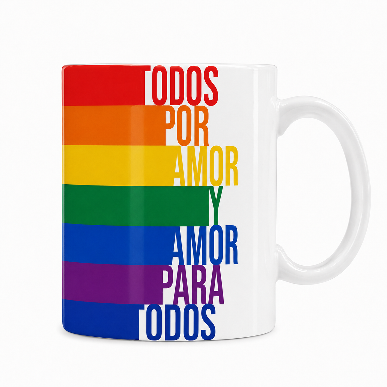 Celebra la diversidad, la igualdad y el orgullo con esta original taza LGTB+ inspirada en la bandera arcoíris. Su diseño combina la frase «Todos Por Amor Y Amor Para Todos» con una llamativa ilustración de labios y lengua arcoíris, creando una taza llena de color, personalidad y significado.