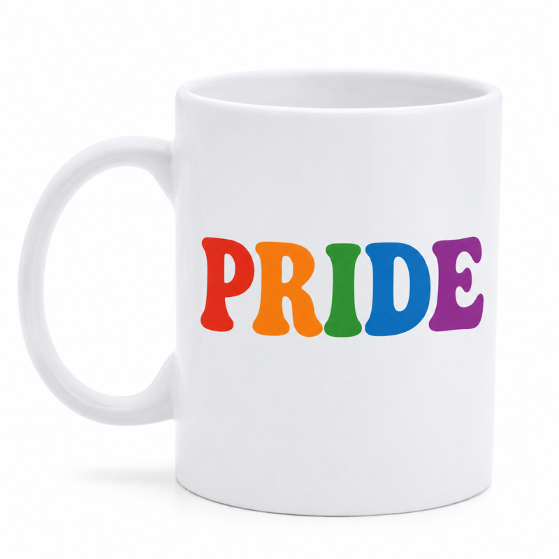 Taza blanca «PRIDE» con diseño arcoíris retro. Un regalo original para celebrar la diversidad y el Orgullo LGTB+. Disponible online y en nuestra tienda de Madrid.