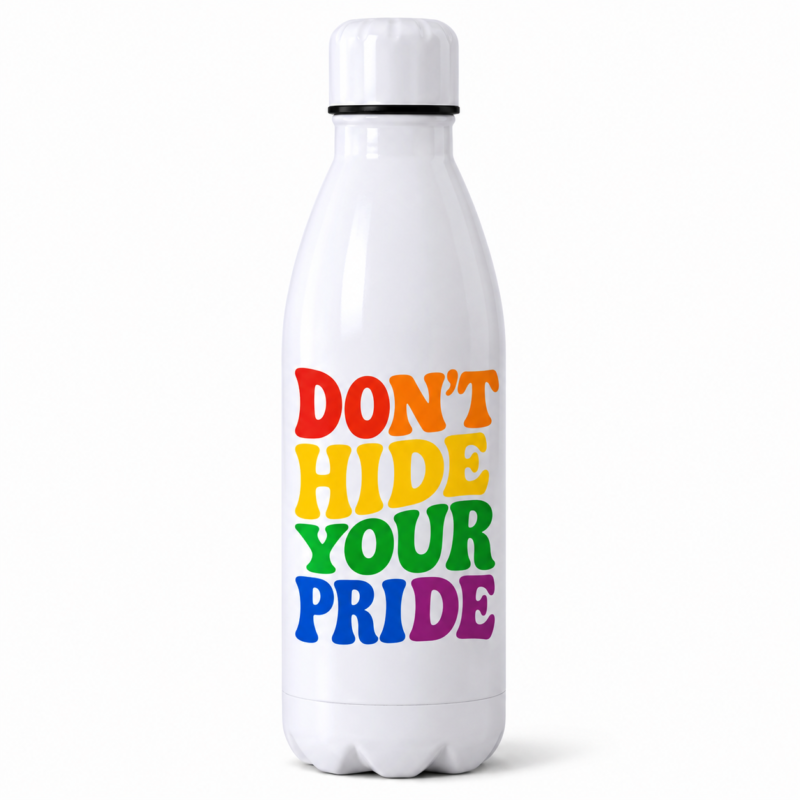 Termo LGTB+ «Don't Hide Your Pride» con diseño. Ideal para, eventos Pride, oficina, viajes y uso diario. Disponible en Madrid y online.