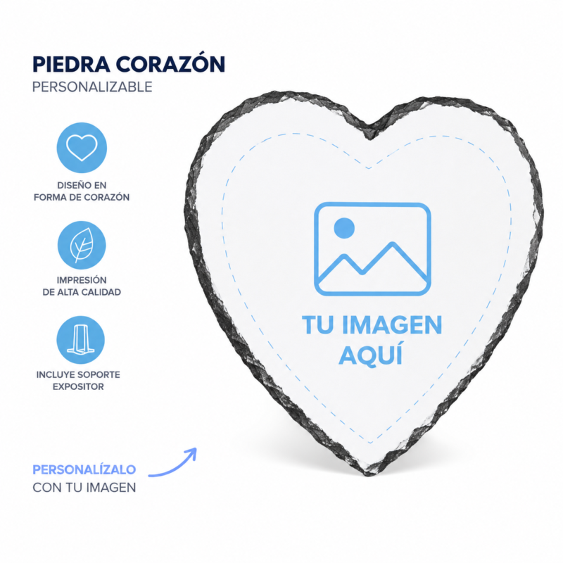 Piedra corazón personalizada con foto, texto o diseño. Impresión a color sobre pizarra natural con soporte incluido. Regalo original fabricado en Madrid.