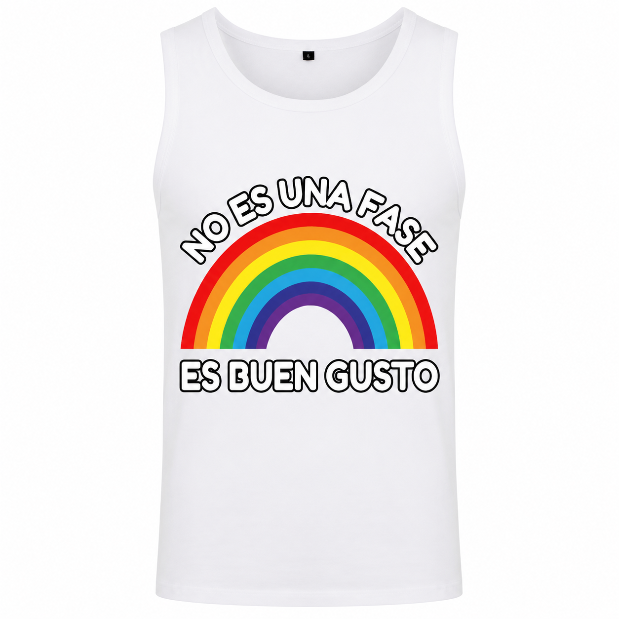 Camiseta de Tirantes LGTB+ "No Es Una Fase, Es Buen Gusto". Una prenda original inspirada en la bandera arcoíris, perfecta para celebrar el Orgullo, festivales y eventos Pride. Disponible en blanco y negro, con impresión de alta calidad, colores vivos y gran durabilidad. Personalizada por Fotocopyarte en el Barrio de Salamanca (Madrid), con recogida en tienda o envío a toda España.