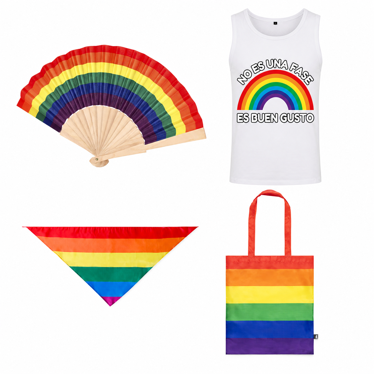 Pack Orgullo LGTB+ Completo con camiseta de tirantes blanca "No Es Una Fase, Es Buen Gusto", abanico arcoíris, pañuelo fabricado con material reciclado y tote bag ecológica RPET. Un conjunto perfecto para el Orgullo, festivales, eventos Pride y celebraciones de la diversidad. Disponible en Fotocopyarte, en el Barrio de Salamanca (Madrid), con recogida en tienda o envío a toda España.