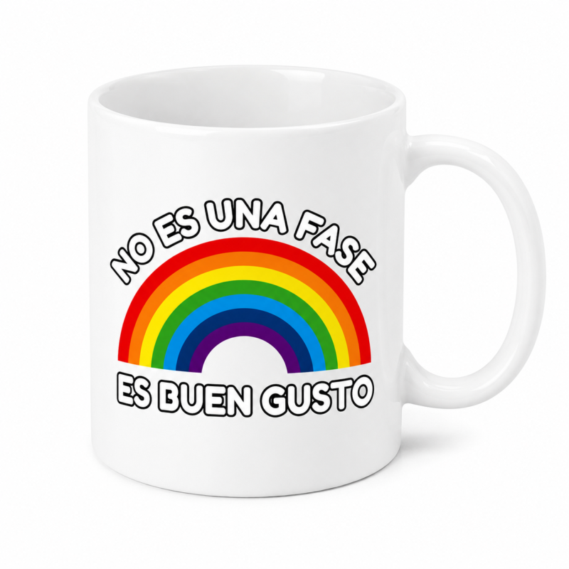 Taza LGTB+ "No Es Una Fase, Es Buen Gusto". Una taza original inspirada en la bandera arcoíris, perfecta para celebrar la diversidad en casa o en la oficina. Fabricada en cerámica de alta calidad e impresa con colores vivos y duraderos. Un regalo ideal para el Orgullo, eventos Pride o cualquier persona que quiera mostrar su apoyo a la comunidad LGTB+. Disponible en Fotocopyarte, en el Barrio de Salamanca (Madrid), con envío a toda España.
