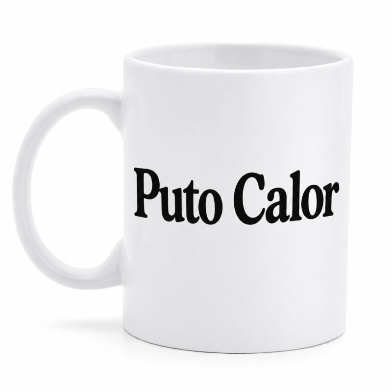 Taza blanca "Puto Calor" con diseño divertido e impresión de alta calidad. Ideal para regalar o disfrutar en casa y la oficina. Disponible en Fotocopyarte Madrid con envío a toda España.
