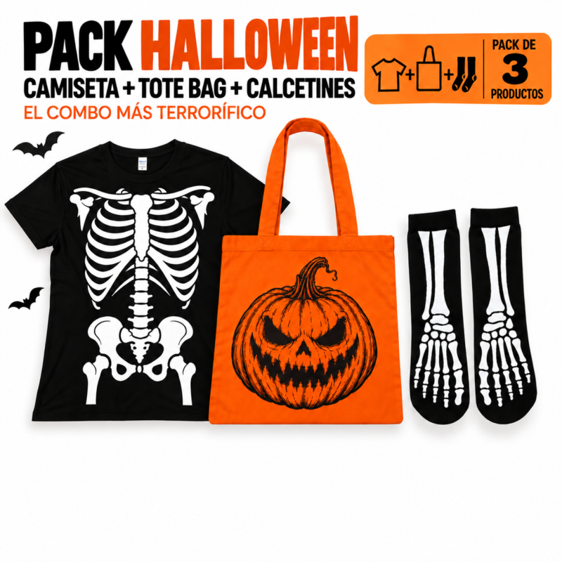 Pack Halloween Noche de Huesos: Camiseta, Tote Bag y Calcetines